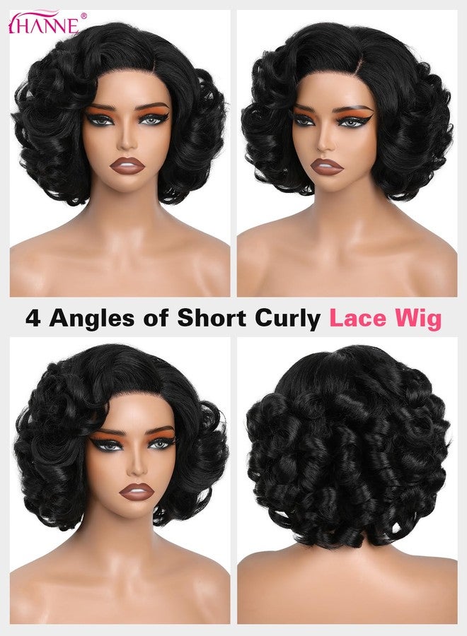 HANNE T Lace Short Curly Wigs for Black Women 13 * 4 * 1 Pre Cut Curly Synthetic Lace Wig 9 Inch Short Curly Wigs (Natural Black) - Image 2